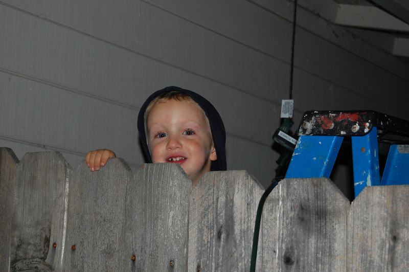 son looking over fence