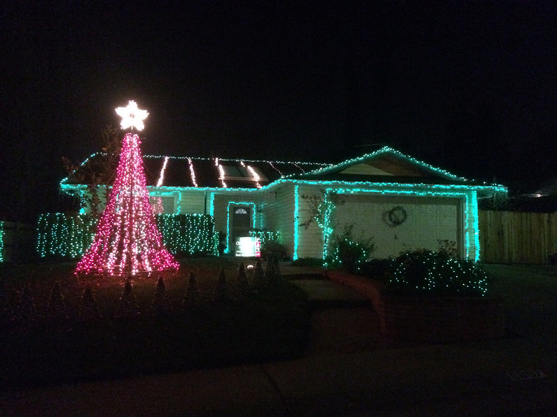 house with green christmas lights