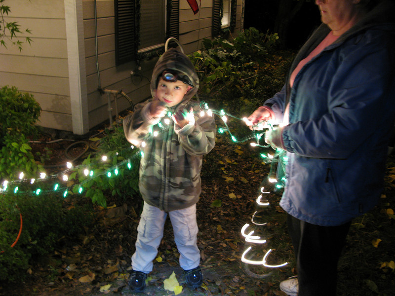son with grandma installing lights